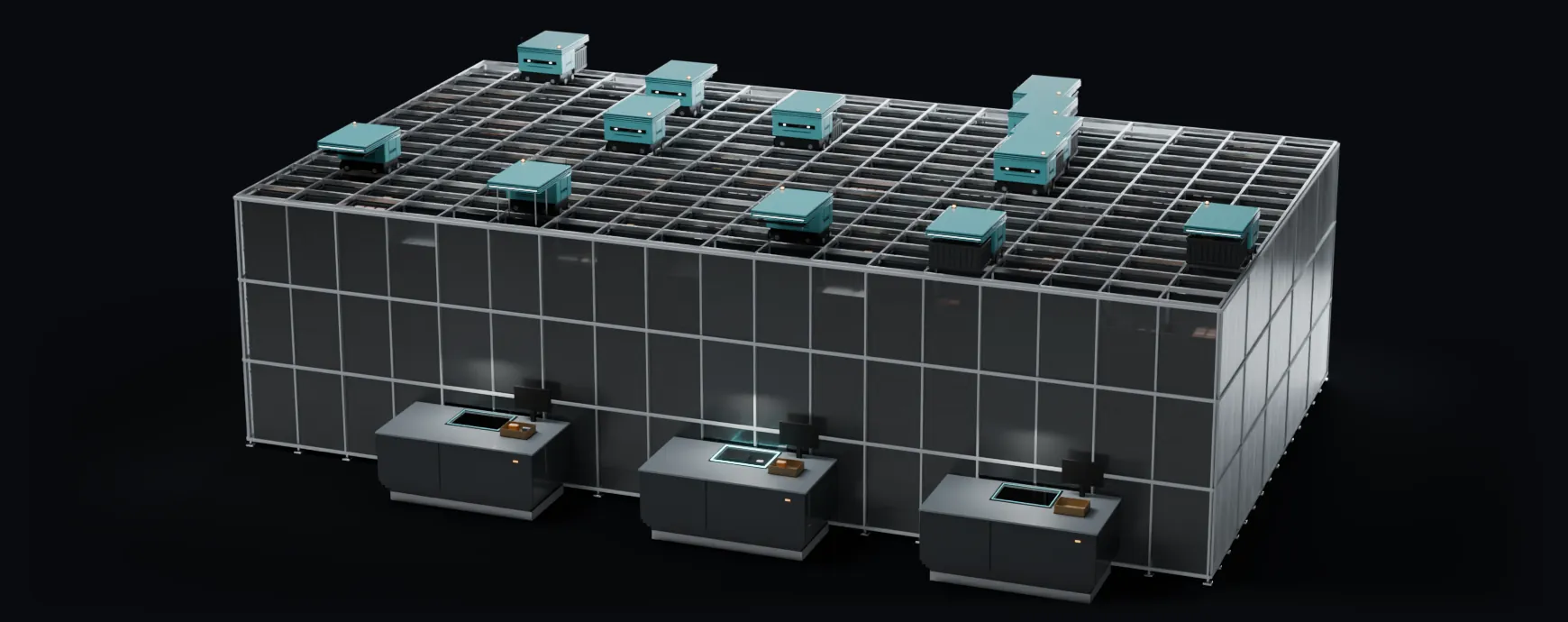 A storage grid with robots carrying bins across its top, and three pick stations in front, one presenting a bin at table height while an item is lifted out into a carton