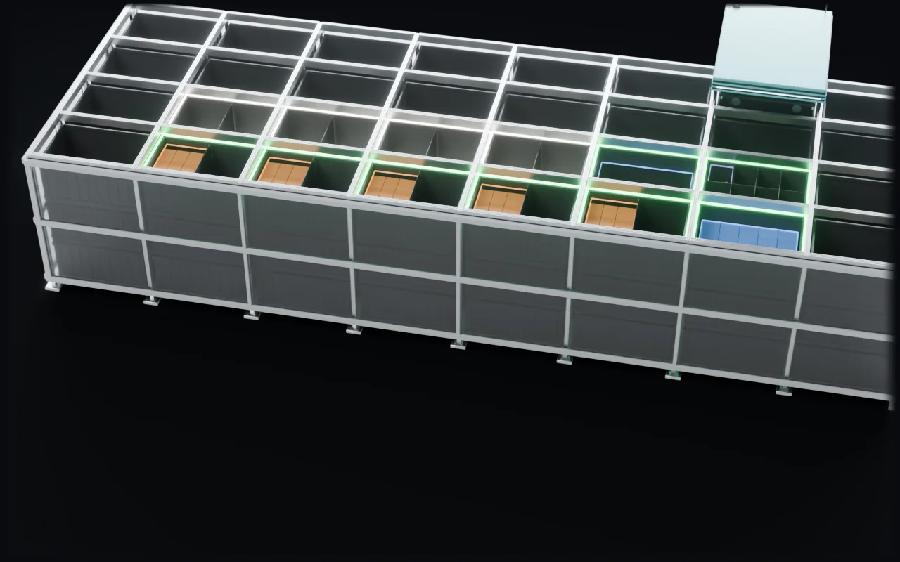 Items packed tightly into fewer bins, settled back in the grid with green lights, and the freed cells showing the grid needs less room