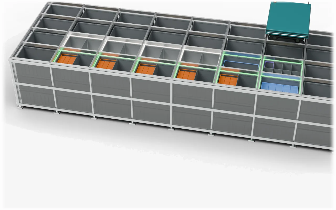 Items packed tightly into fewer bins, settled back in the grid with green lights, and the freed cells showing the grid needs less room
