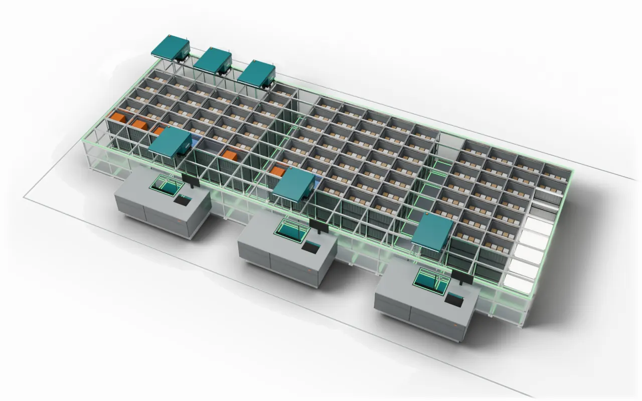 A right-sized grid with every bin in place, a strip of free cells for growth and some robots parked at chargers on its edge